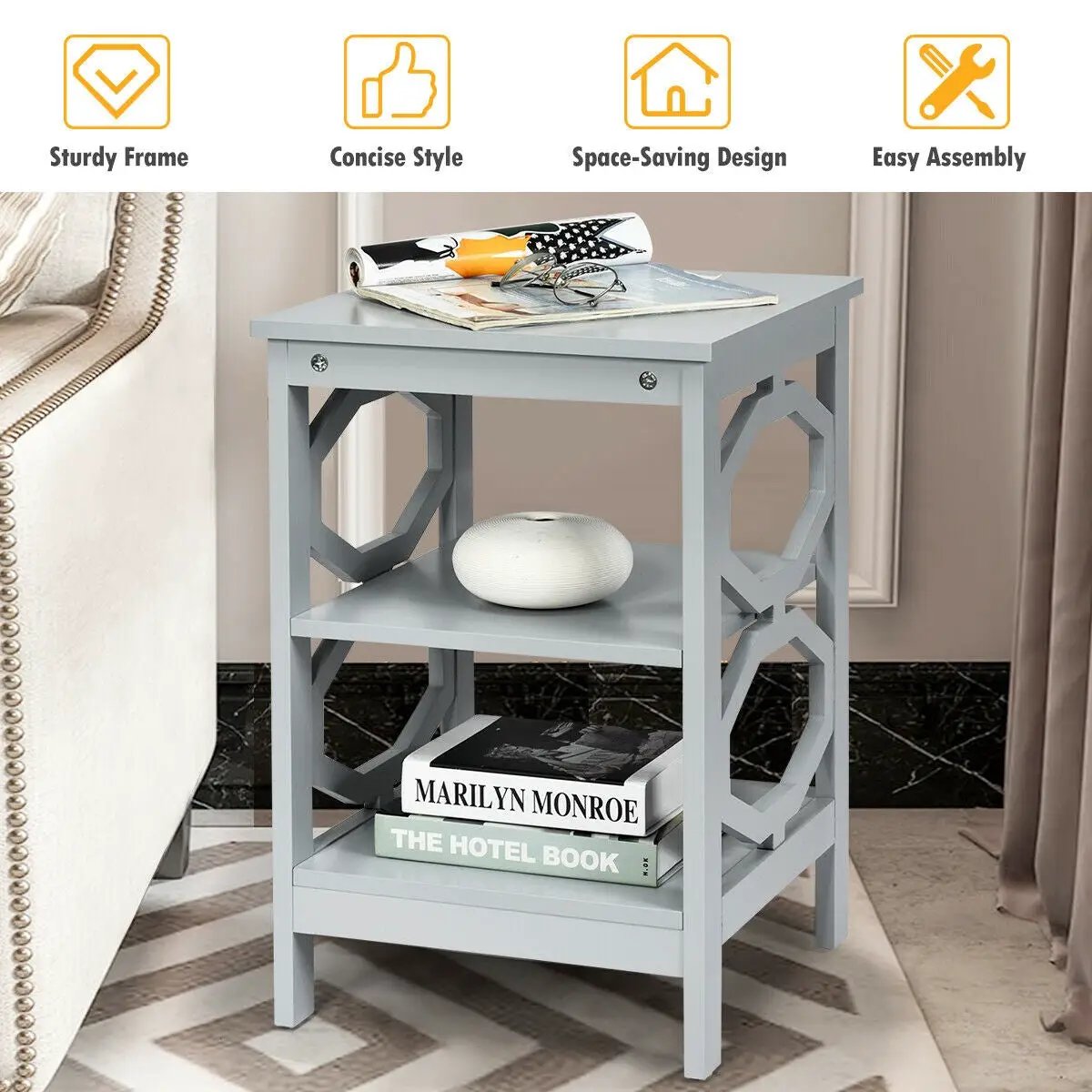3-tier Nightstand Sofa Side End Accent Table-Black, photo 6 of 11