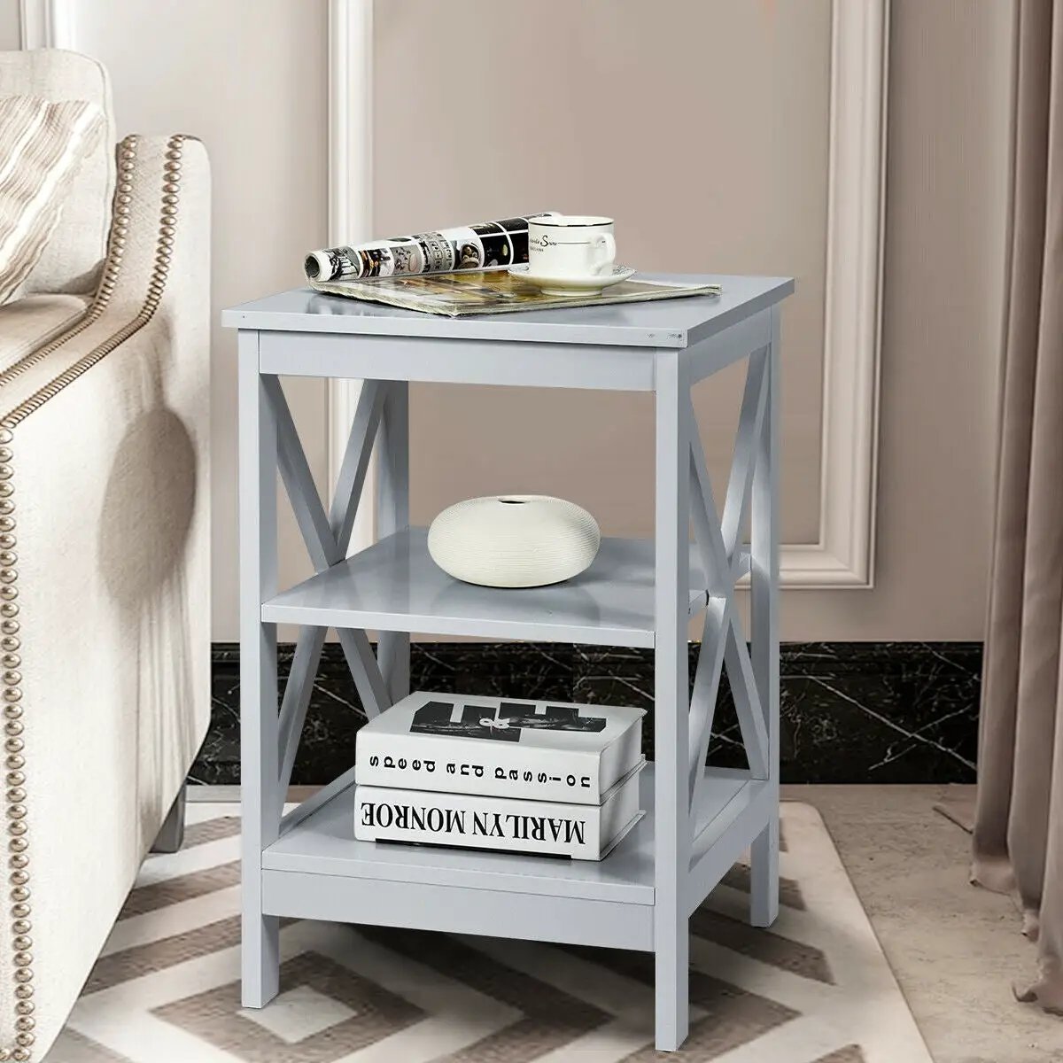 3-Tier Nightstand End Table with X Design Storage, photo 15 of 16