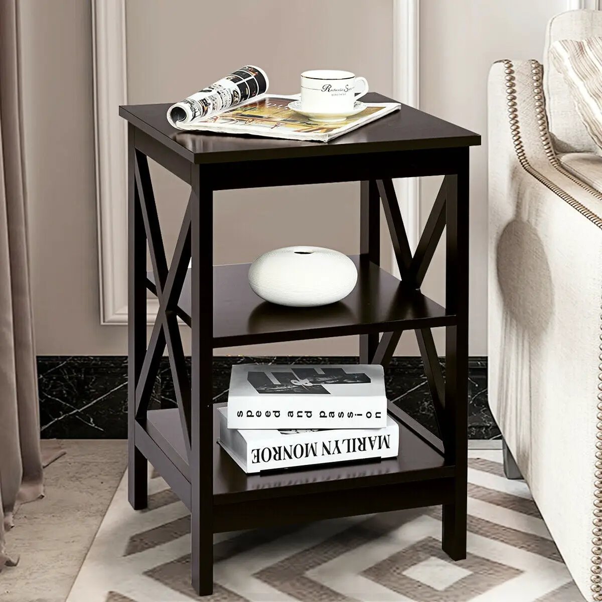 3-Tier Nightstand End Table with X Design Storage