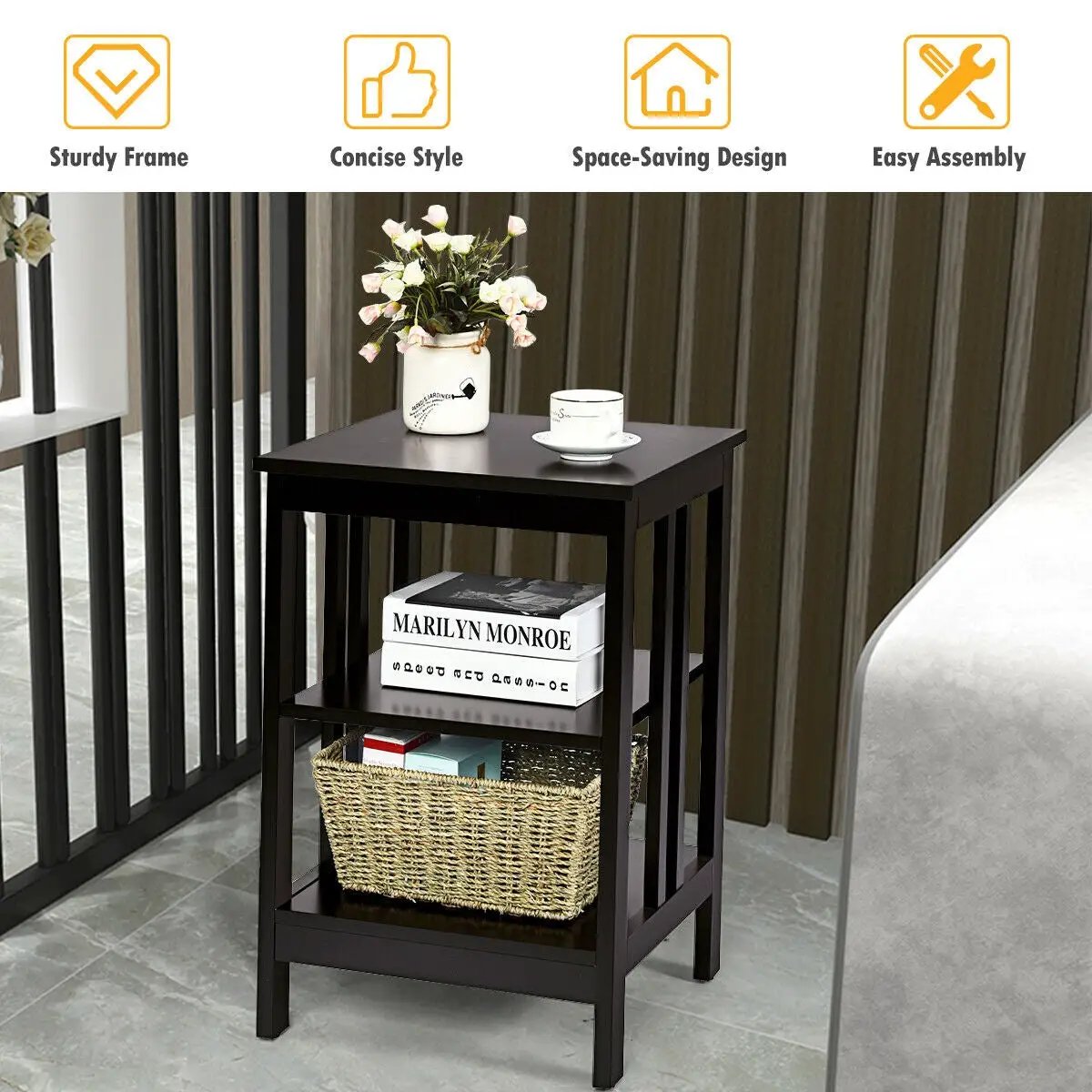 3-Tier Nightstand Sofa Side Table with Baffles and Round Corners, photo 18 of 32