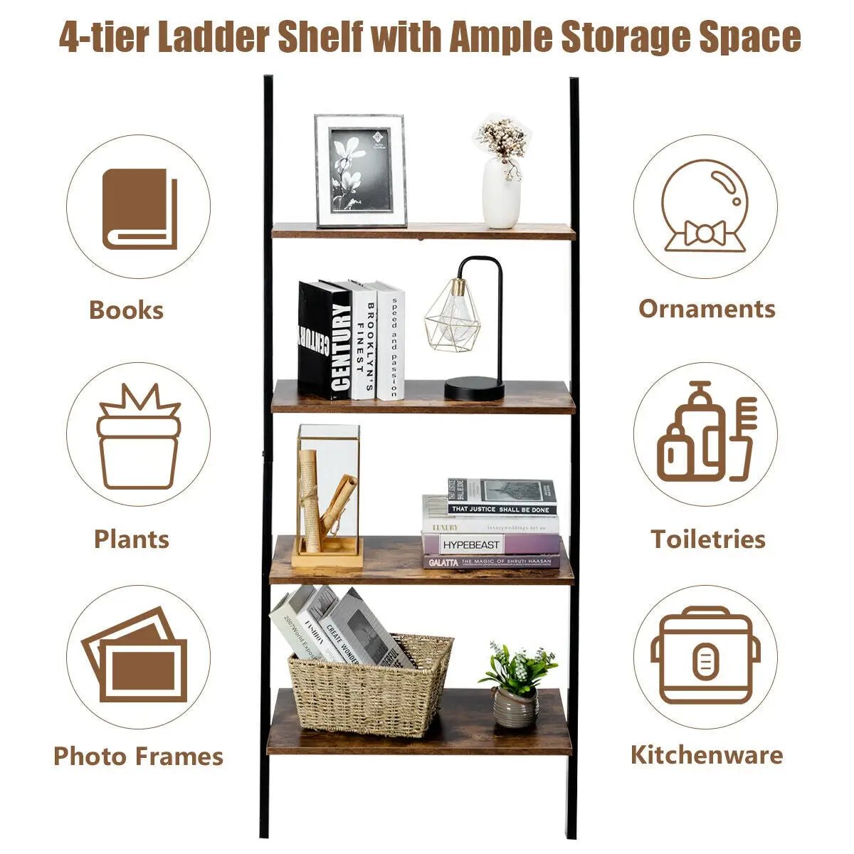 Multipurpose 4-Tier Industrial Leaning Wall Bookcase with Metal Frame, photo 2 of 16