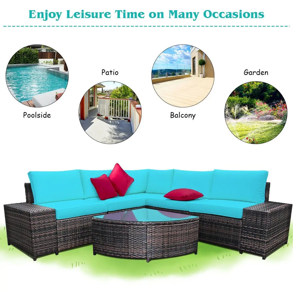 6 Piece Wicker Patio Sectional Sofa Set with Tempered Glass Coffee Table, photo 7 of 9