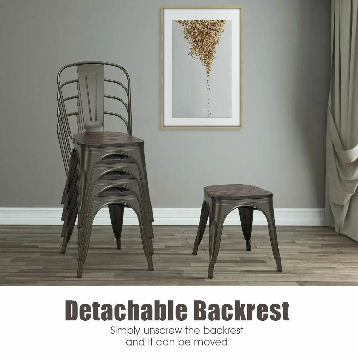 4 Pieces Tolix Style Metal Dining Side Chair Stackable Wood Seat by DirectDeals