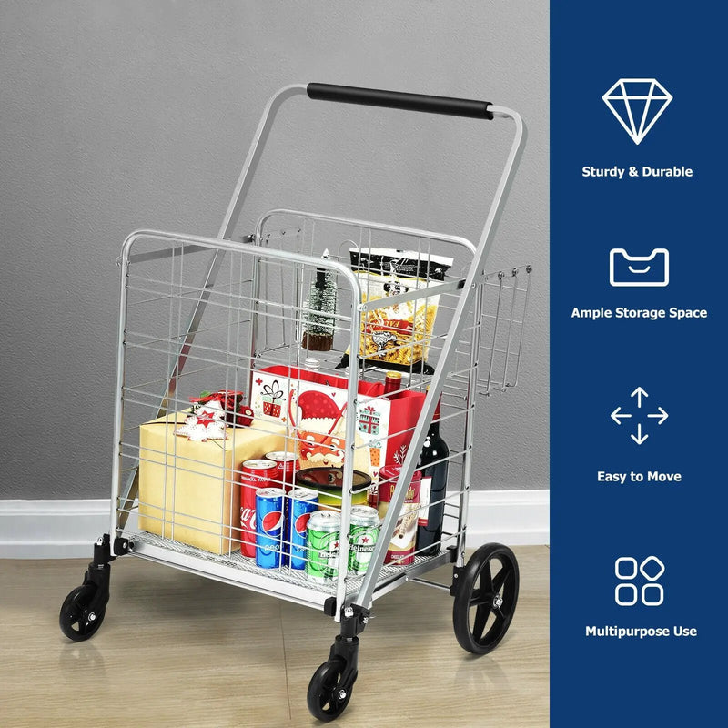 Heavy Duty Folding Utility Shopping Double Cart-Silver by DirectDeals