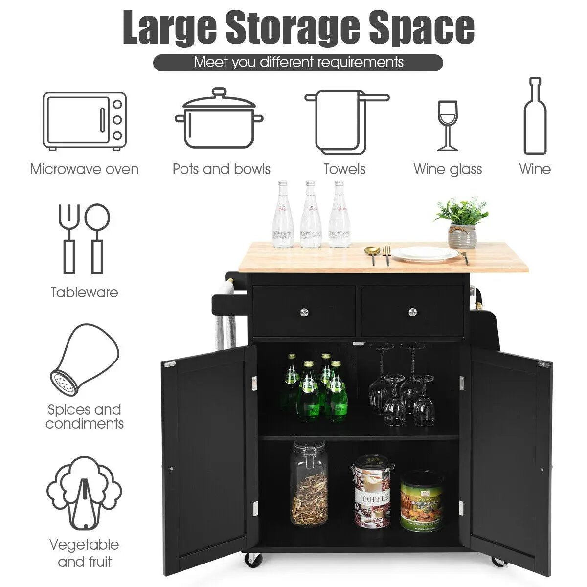 Rubber Wood Countertop Rolling Kitchen Island Cart by DirectDeals
