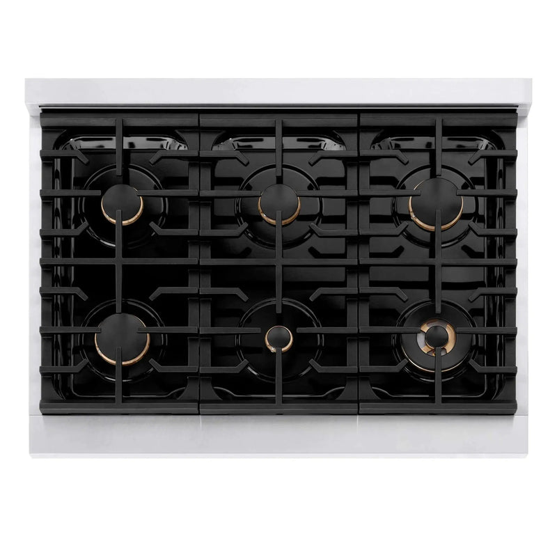ZLINE 36"Paramount Dual Fuel Range DuraSnow® White Matte, Matte Black SDRSZ-WM-36-MB by Farmhouse Kitchen and Bath
