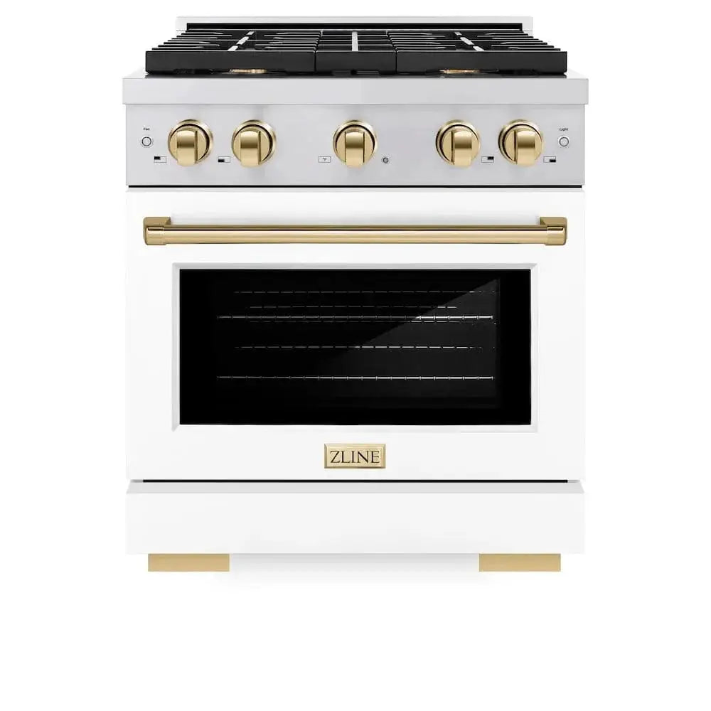 ZLINE 30"Paramount Dual Fuel Range White Matte Gold SDRZ-WM-30-G by Farmhouse Kitchen and Bath