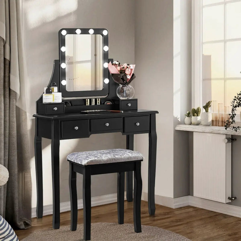 Vanity Dressing Table Set with 10 Dimmable Bulbs and Cushioned Stool by DirectDeals