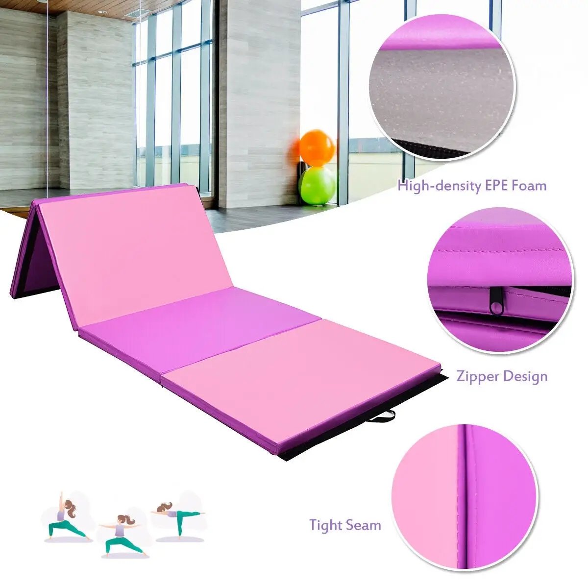4 Feet x 10 Feet Thick Folding Panel Gymnastics Mat-Pink & Purple by DirectDeals