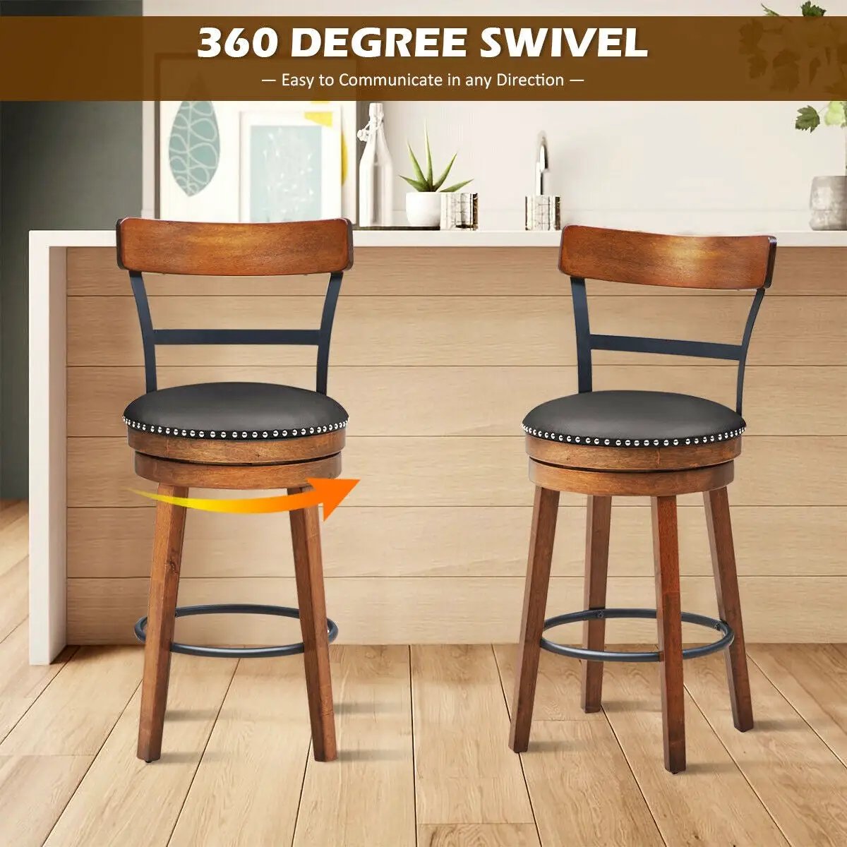 30.5 Inch 360-Degree Swivel Stools with Leather Padded Seat, photo 4 of 16