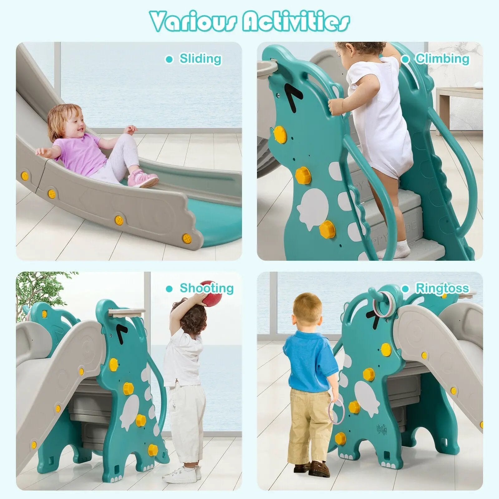 4-in-1 Kids Climber Slide Play Set with Basketball Hoop-Green by DirectDeals