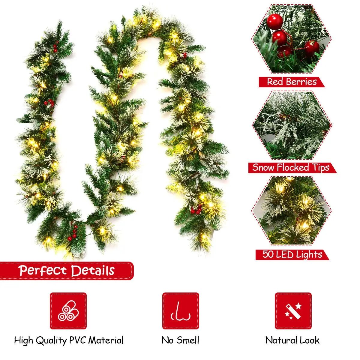 9 Feet Pre-lit Snow Flocked Tips Christmas Garland with Red Berries by DirectDeals