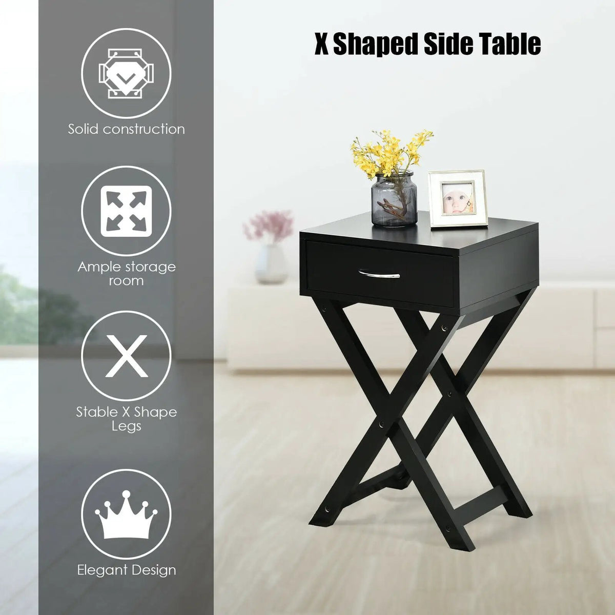 Design Sofa Side Table with X-Shape Drawer for Living Room Bedroom, photo 7 of 9