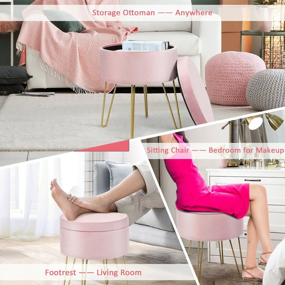 Round Velvet Storage Ottoman Footrest Stool Vanity Chair with Metal Legs, photo 7 of 24