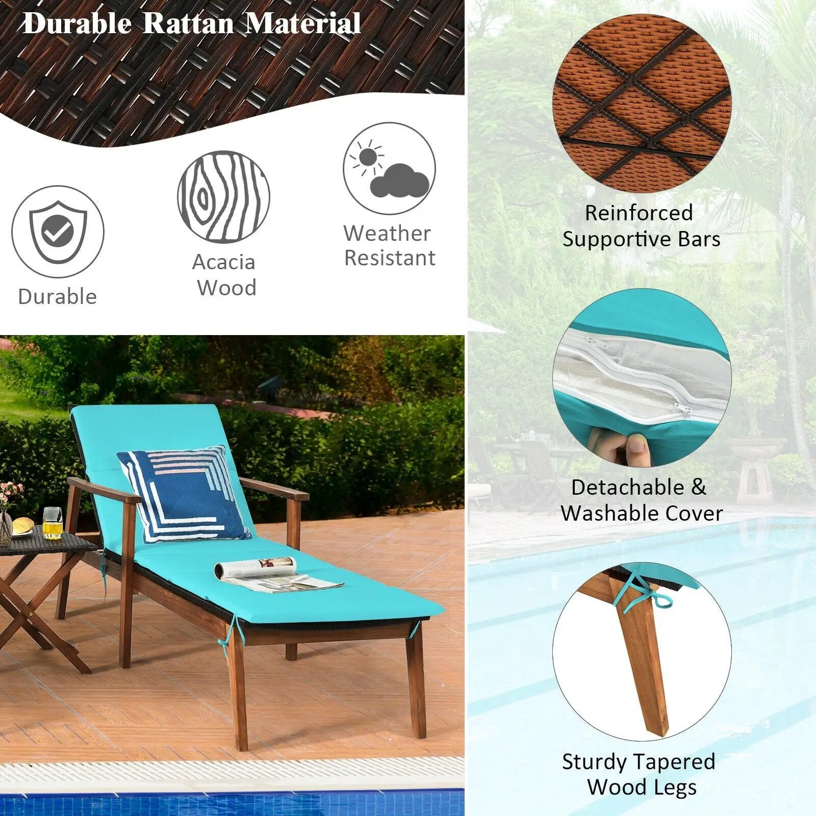3 Pieces Portable Patio Cushioned Rattan Lounge Chair Set with Folding Table by DirectDeals
