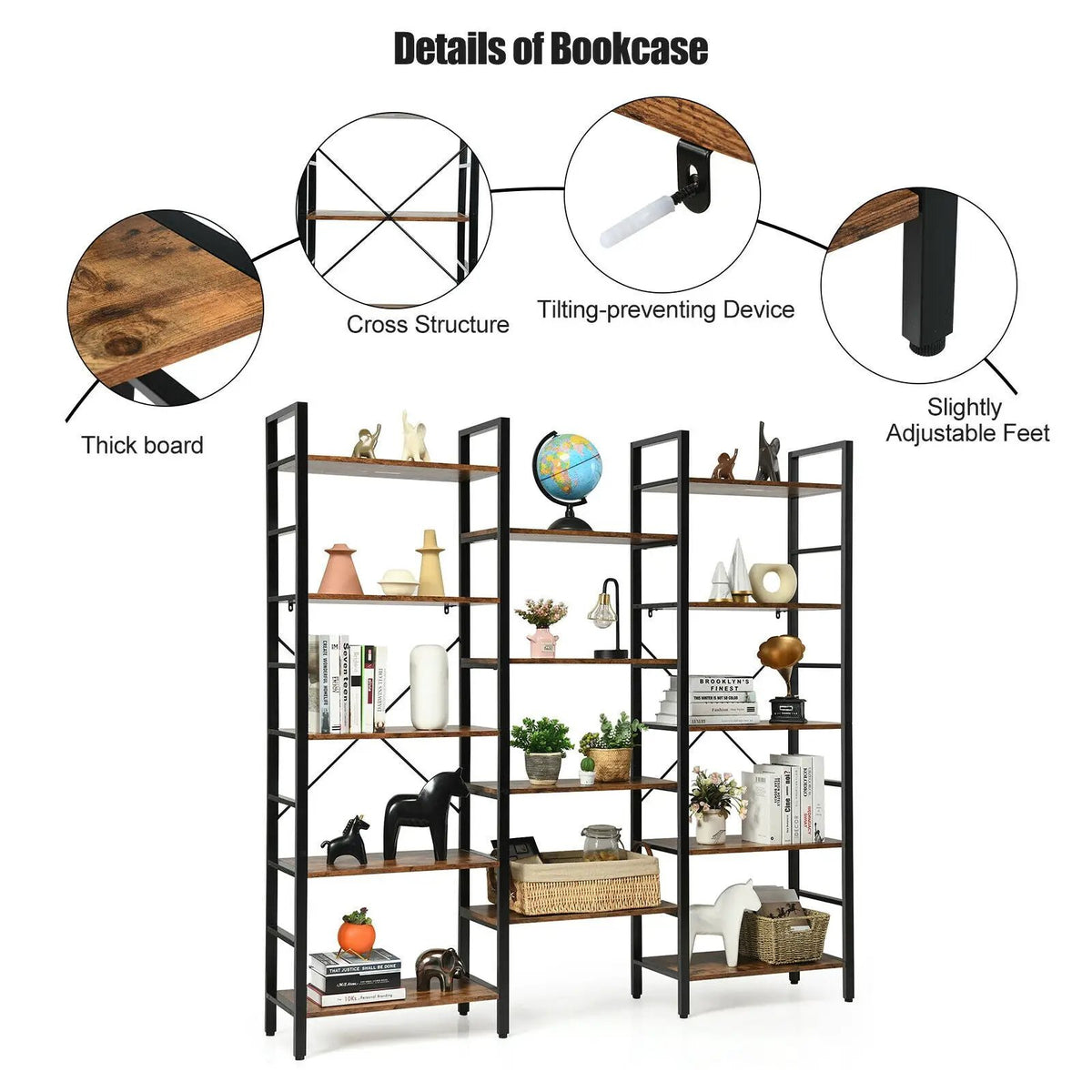Vintage Triple Wide 5-Tier Bookcase Large Bookshelf Display Storage Shelf, photo 7 of 16