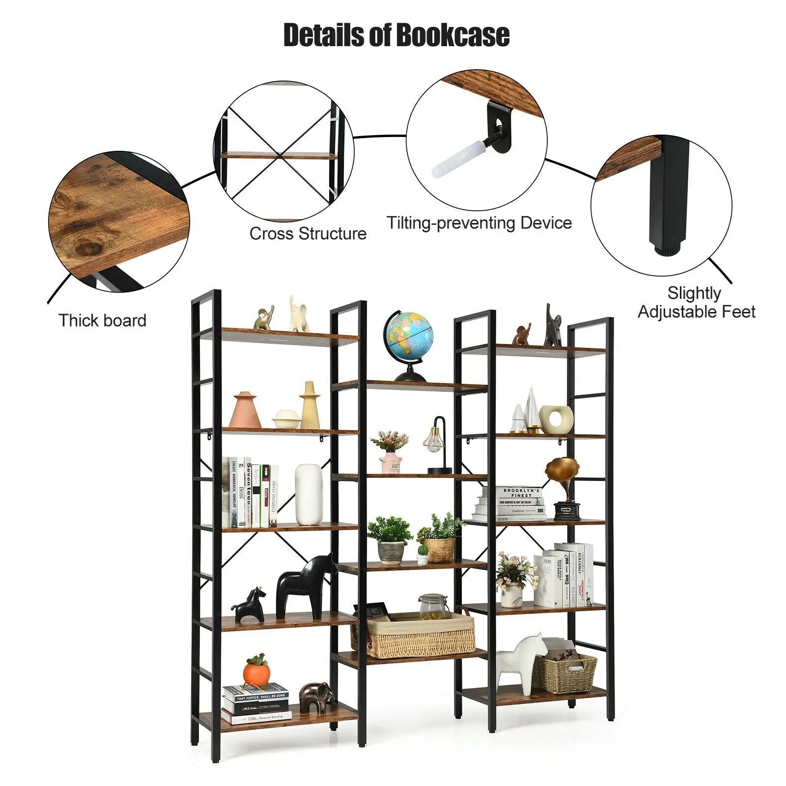 Vintage Triple Wide 5-Tier Bookcase Large Bookshelf Display Storage Shelf by DirectDeals