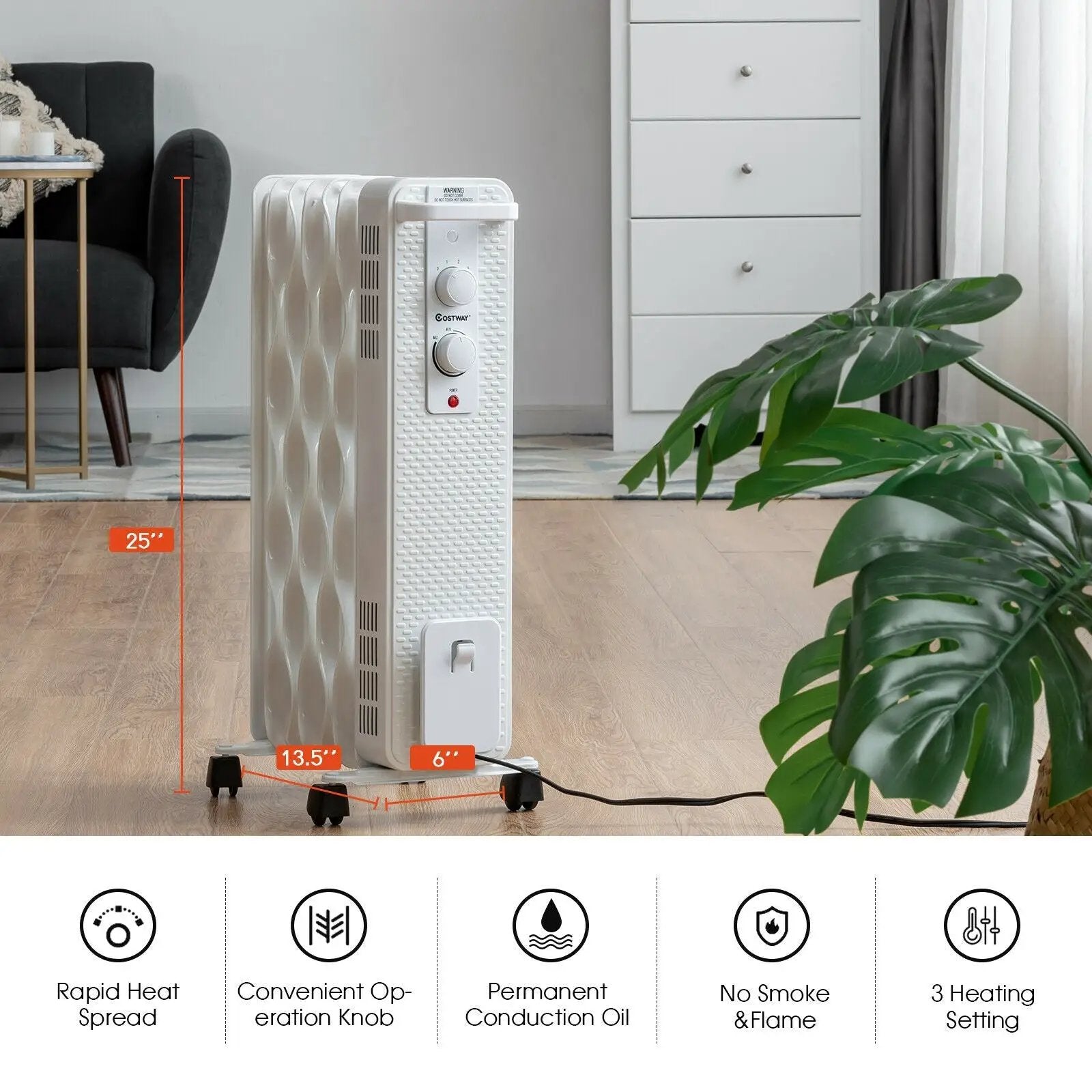 1500 W Oil-Filled Heater Portable Radiator Space Heater with Adjustable Thermostat by DirectDeals