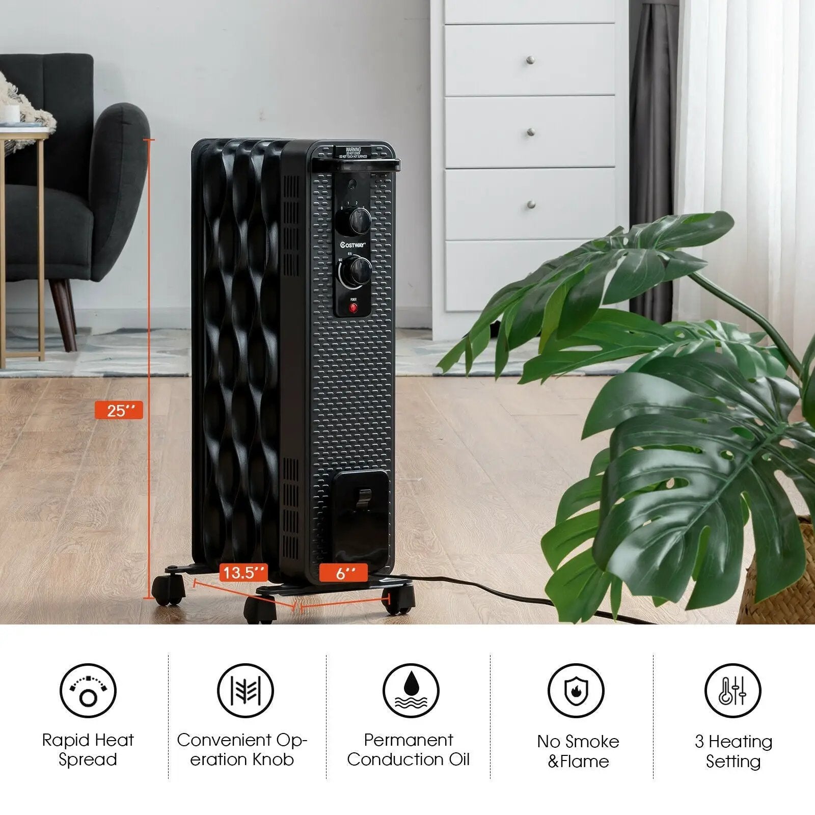 1500 W Oil-Filled Heater Portable Radiator Space Heater with Adjustable Thermostat by DirectDeals
