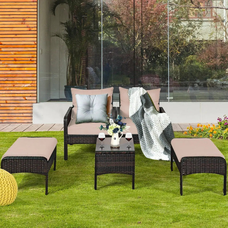 5-Piece Patio Rattan Sofa Set with Ottomans & Table by DirectDeals