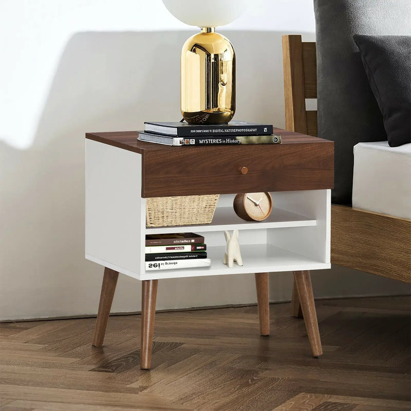 Mid-Century Nightstand with Drawer and Rubber Wood Legs by DirectDeals