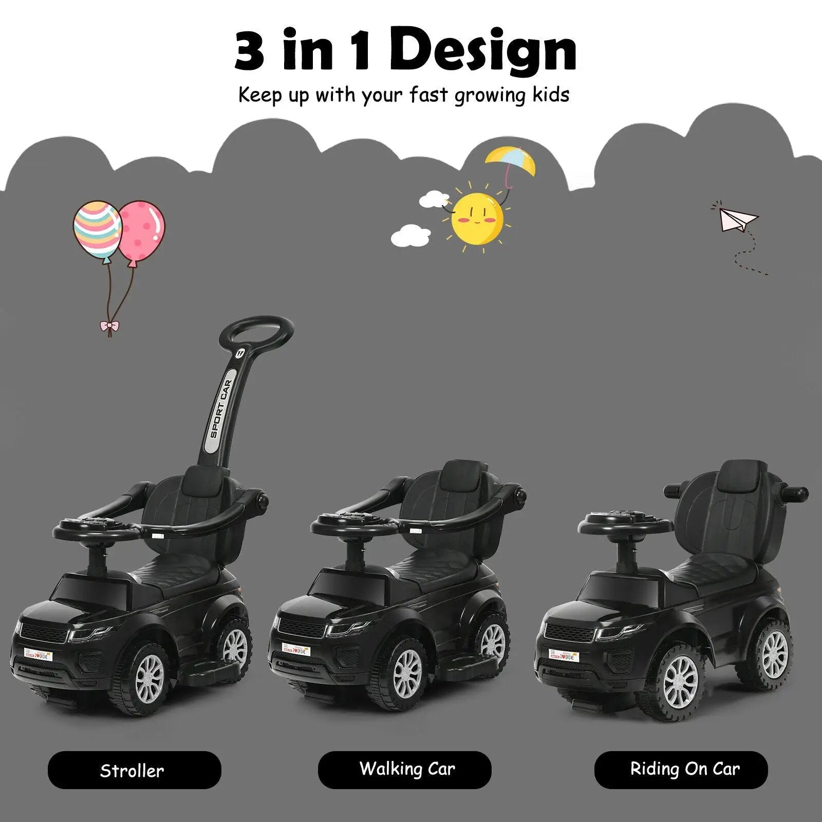 3 In 1 Ride on Push Car Toddler Stroller Sliding Car with Music-Blue by DirectDeals