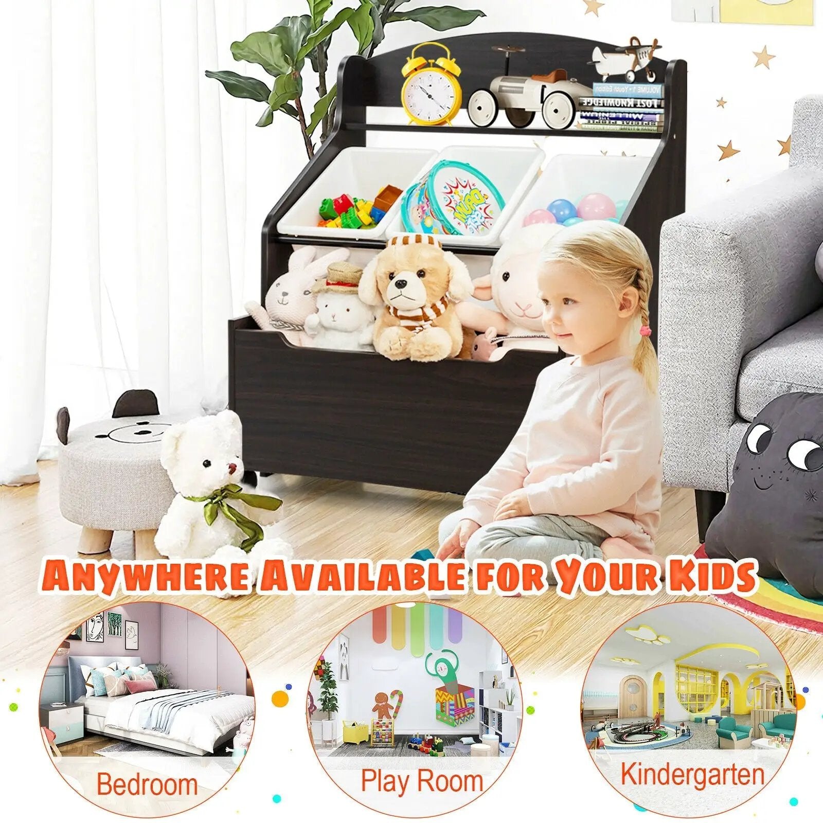 Kids Wooden Toy Storage Unit Organizer with Rolling Toy Box and Plastic Bins by DirectDeals