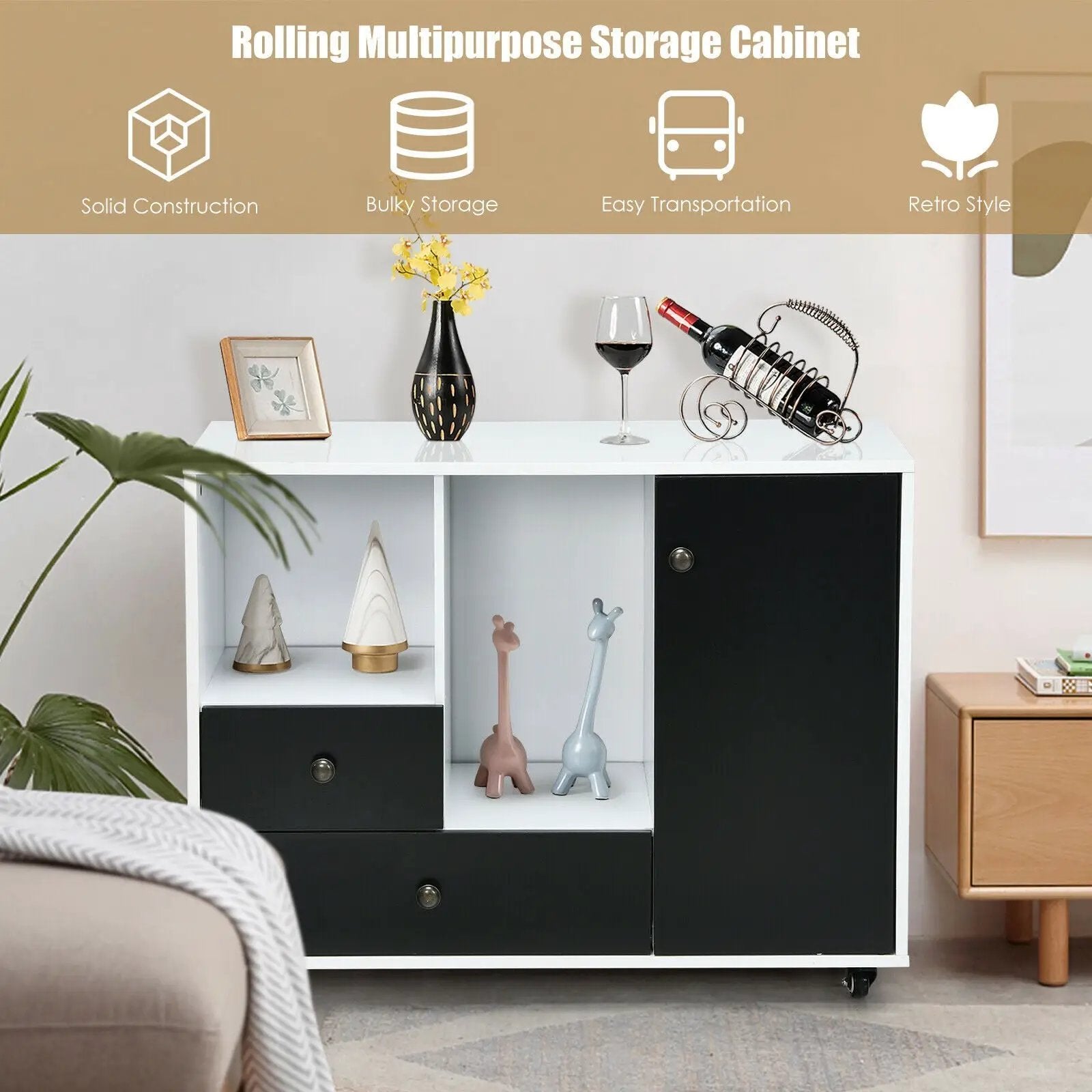 Lateral Mobile Filing Cabinet with 2 Drawers-Black by DirectDeals