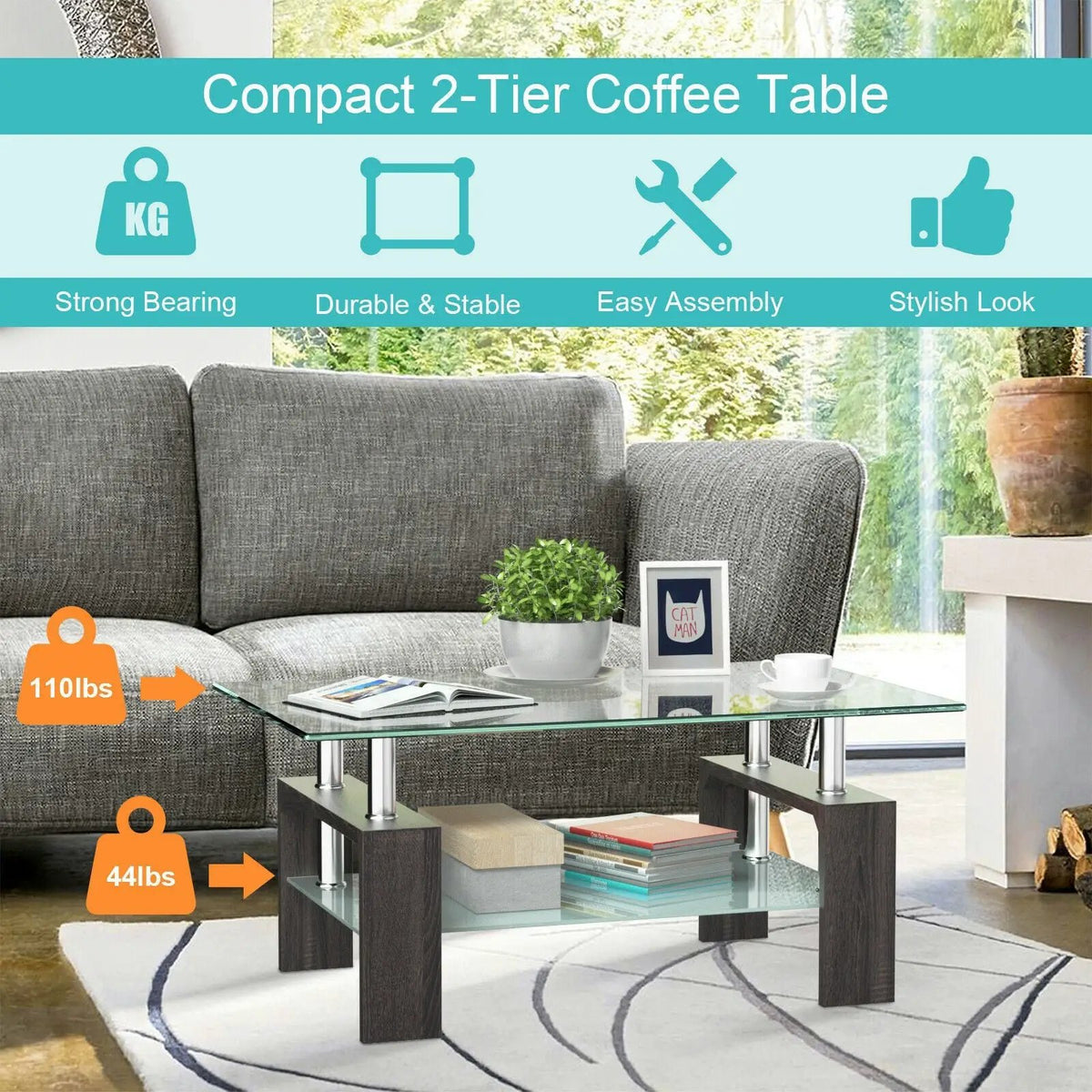 Rectangular Tempered Glass Coffee Table with Shelf, photo 31 of 32