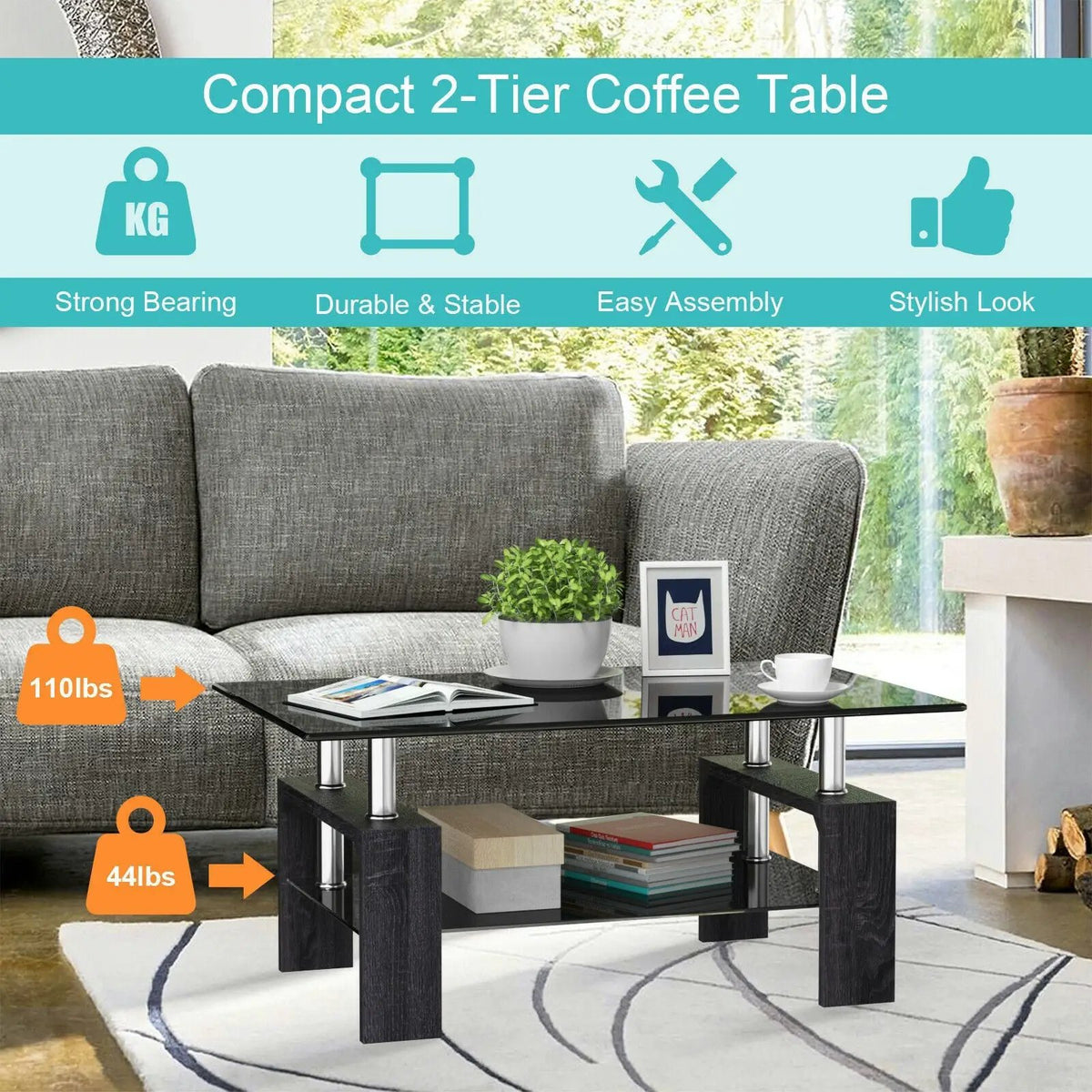 Rectangular Tempered Glass Coffee Table with Shelf, photo 27 of 32