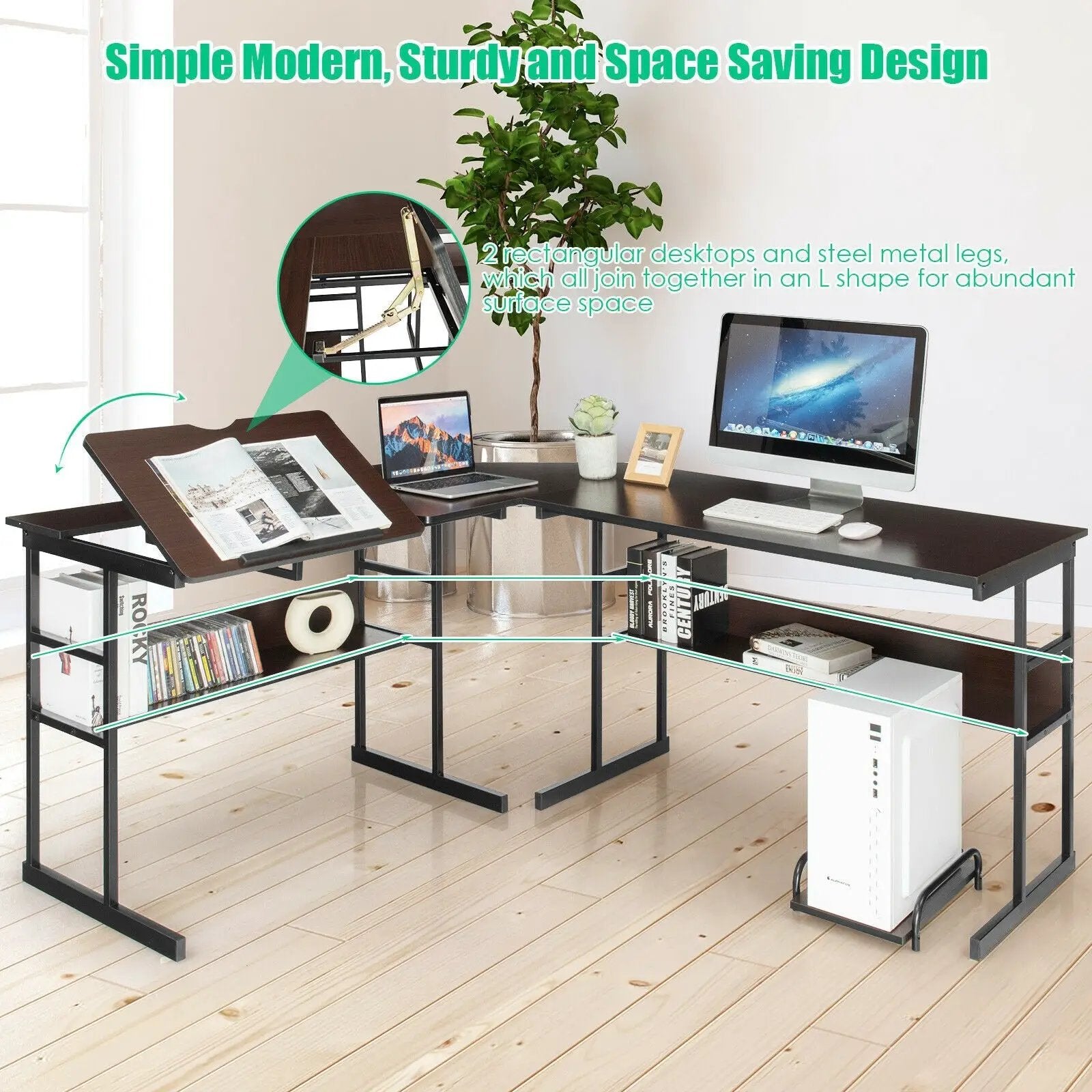 L-Shaped Computer Desk with Tiltable Tabletop by DirectDeals