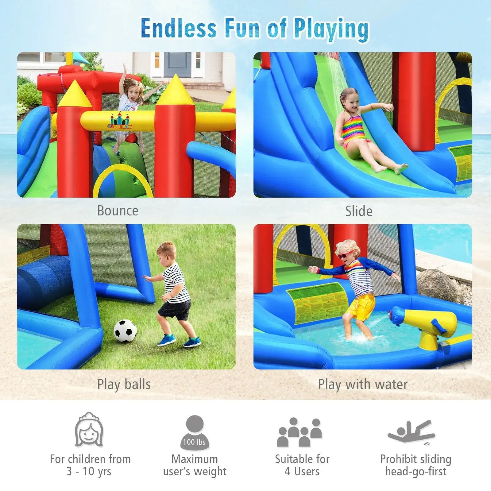Inflatable Bouncer Bounce House with Water Slide Splash Pool without Blower by DirectDeals