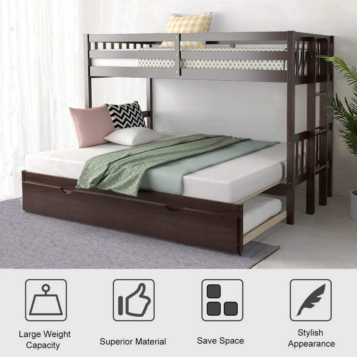 Twin Pull-Out Bunk Bed with Trundle Wooden Ladder by DirectDeals