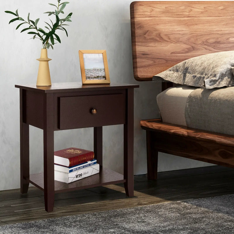 Nightstand with Drawer and Storage Shelf for Bedroom Living Room-Espresso by DirectDeals