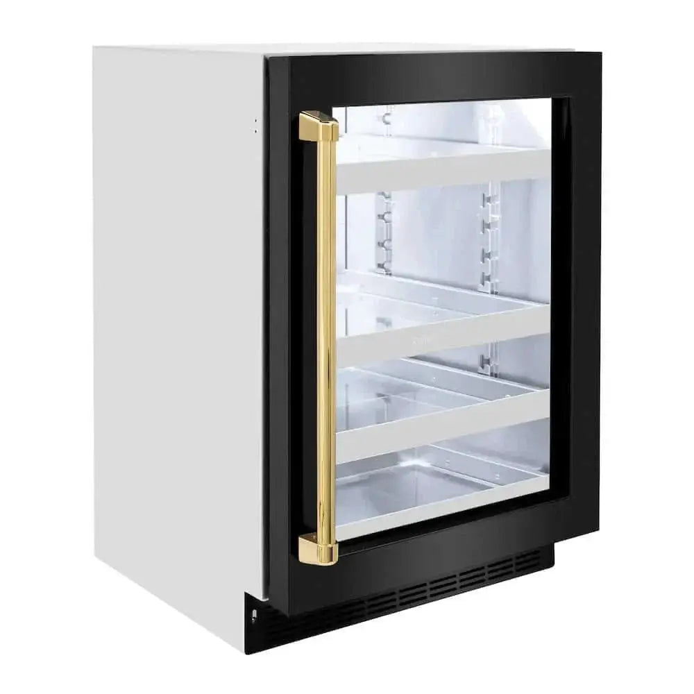 ZLINE 24" Touchstone 151 Can Beverage Fridge Black Stainless Steel Glass Door Gold Handle RBSOZ-BS-24-G by Farmhouse Kitchen and Bath