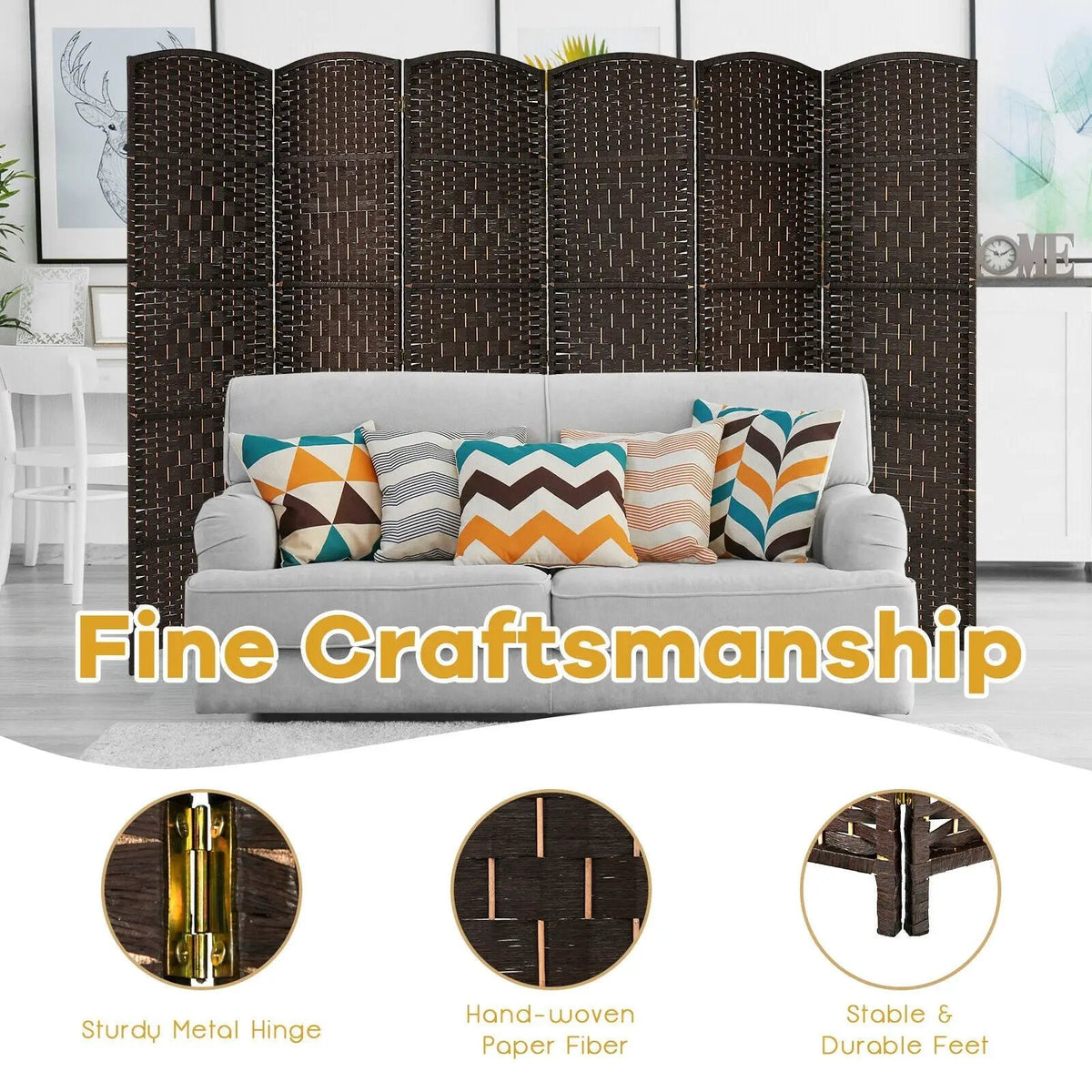 6.5Ft 6-Panel Weave Folding Fiber Room Divider Screen, photo 9 of 16