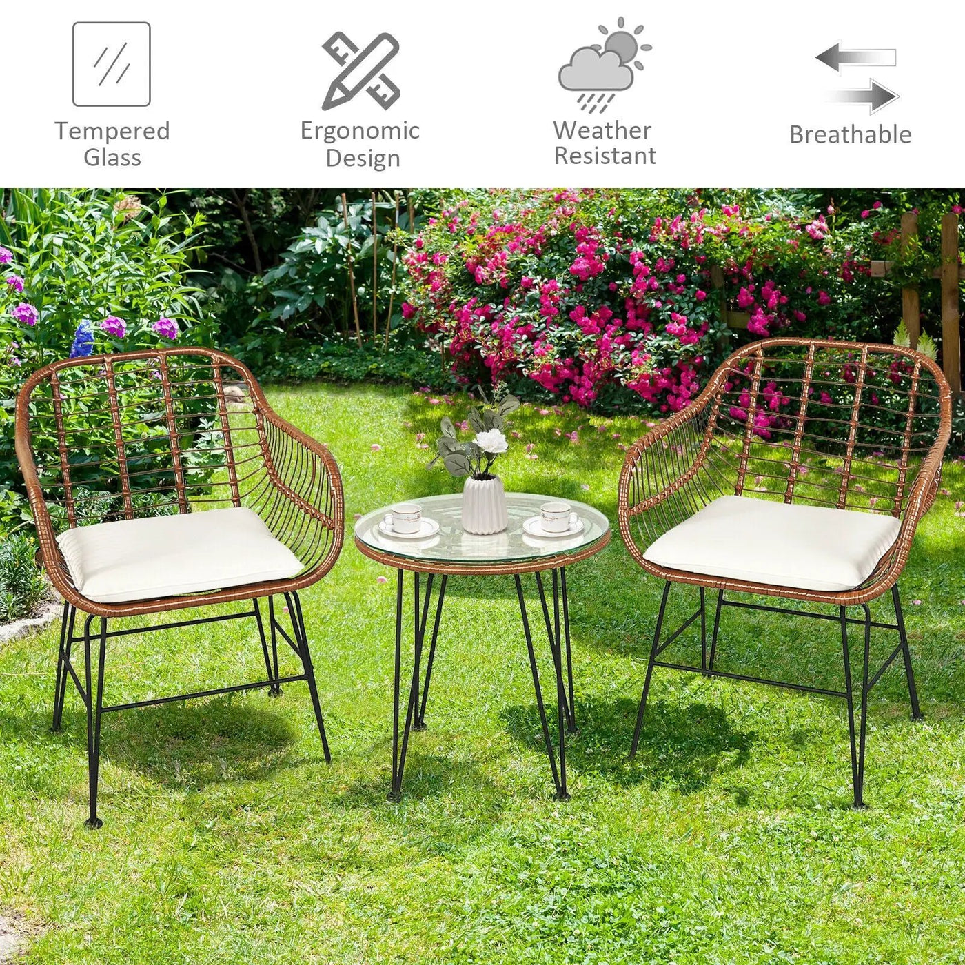 3-Piece Rattan Bistro Set with Cushions and Glass Table by DirectDeals
