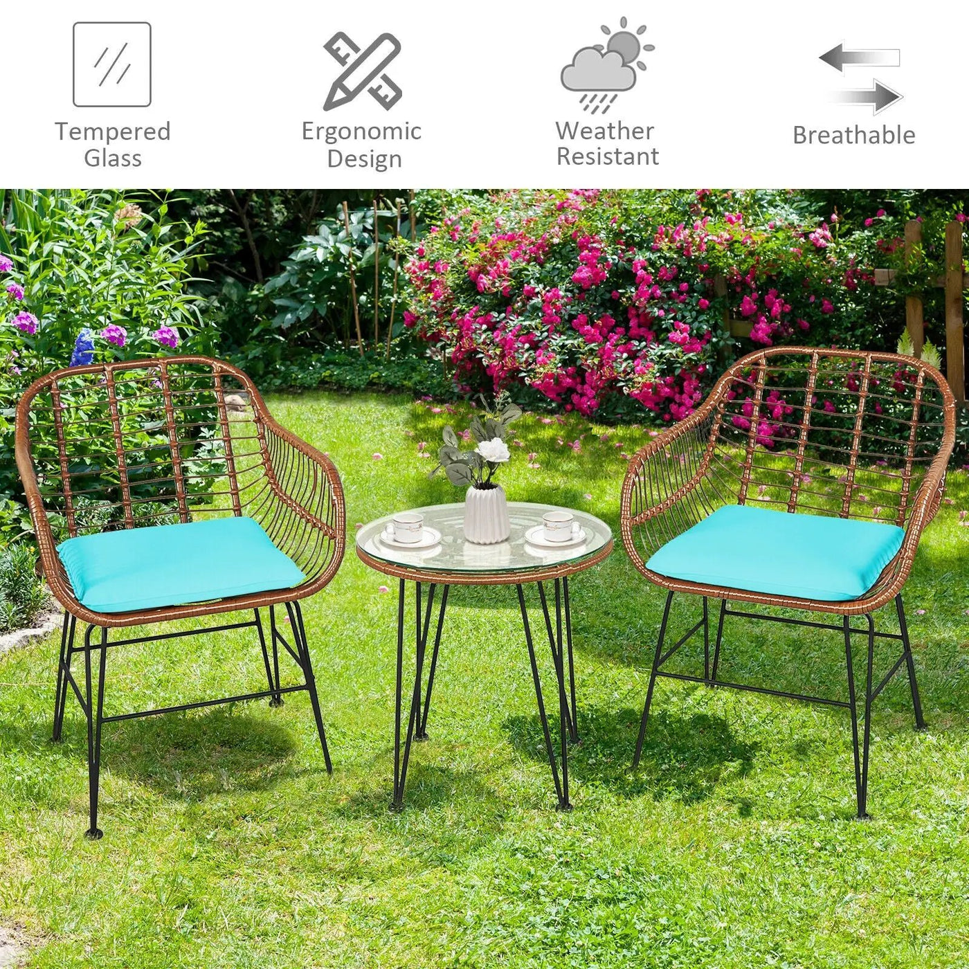 3-Piece Rattan Bistro Set with Cushions and Glass Table by DirectDeals