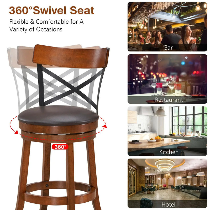 Set of 2 Bar Stools 360-Degree Swivel Dining Bar Chairs with Rubber Wood Legs by DirectDeals