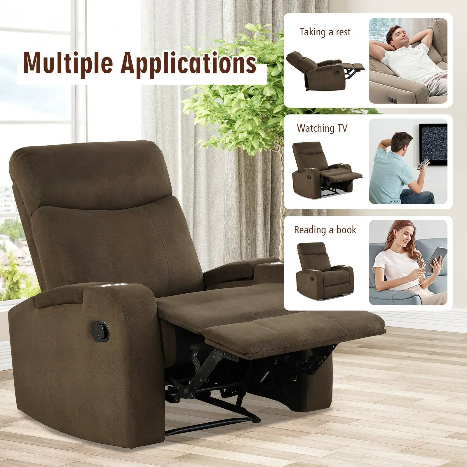 Recliner Chair Single Sofa Lounger with Arm Storage and Cup Holder for Living Room by DirectDeals
