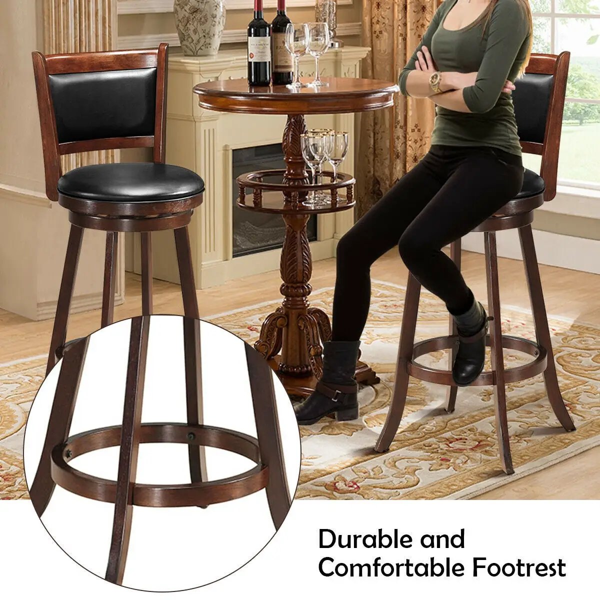 29 Inch Swivel Bar Height Stool Wooden Upholstered Dining Chair, photo 4 of 14