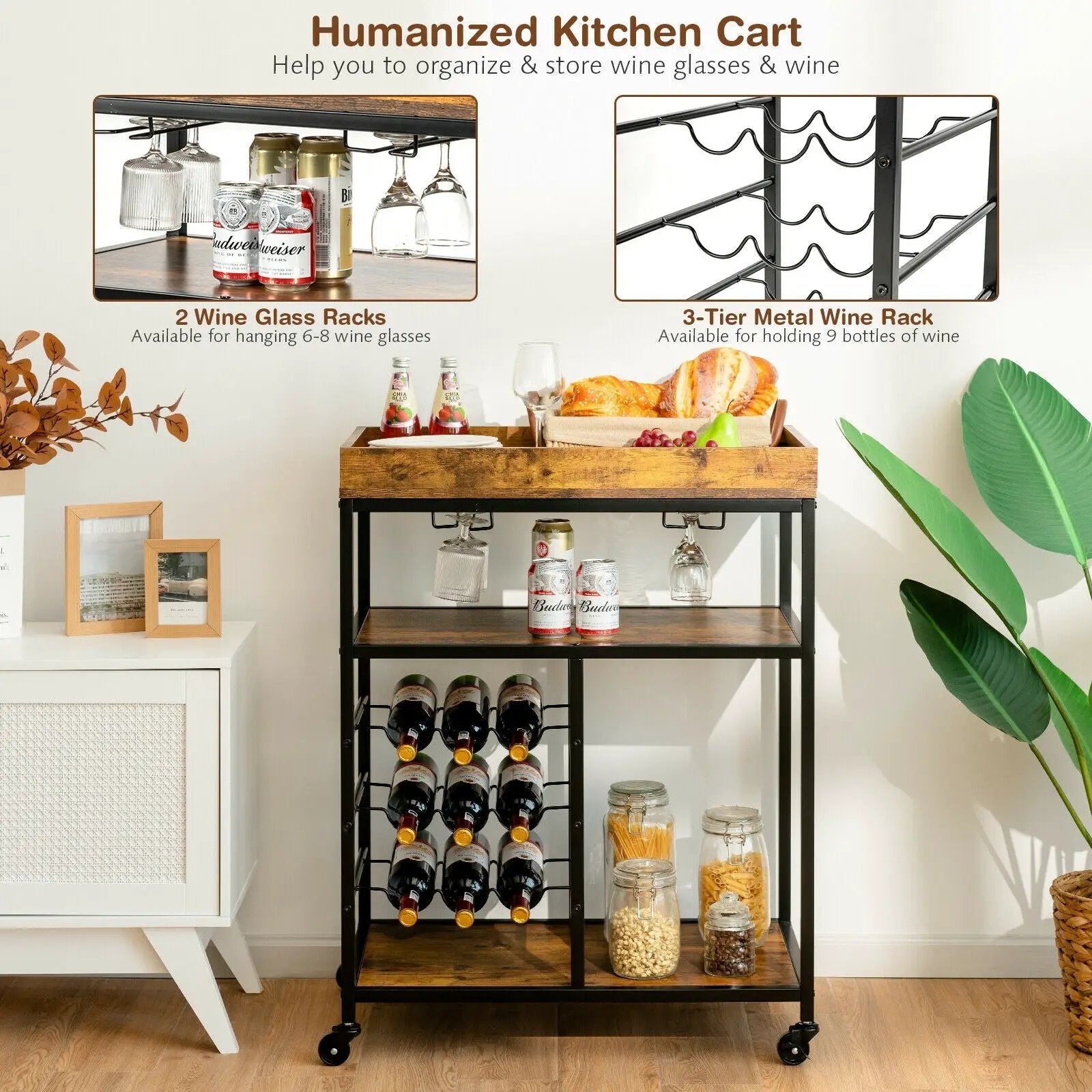3-Tier Wood Rolling Kitchen Serving Cart with 9 Wine Bottles Rack Metal Frame-Rustic Brown by DirectDeals