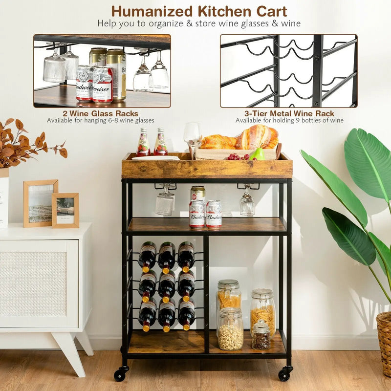 3-Tier Wood Rolling Kitchen Serving Cart with 9 Wine Bottles Rack Metal Frame-Rustic Brown by DirectDeals