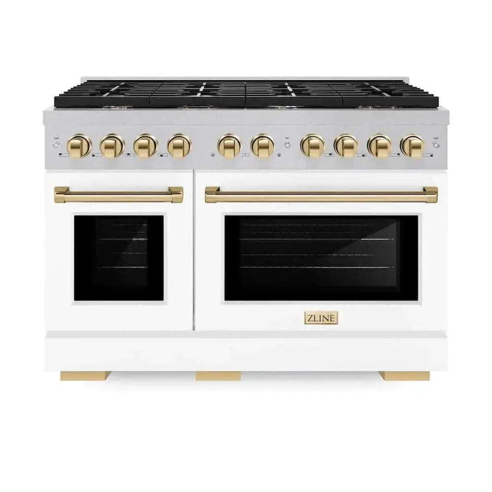 ZLINE 48"Gas Range, Convection Gas Oven, DuraSnow® White Matte, Gold SGRSZ-WM-48-G by Farmhouse Kitchen and Bath