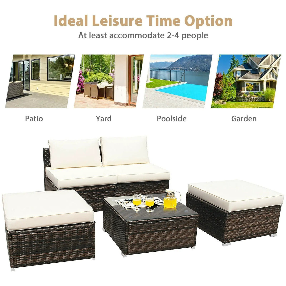 5 Pieces Patio Rattan Furniture Set with Cushioned Armless Sofa, photo 18 of 24