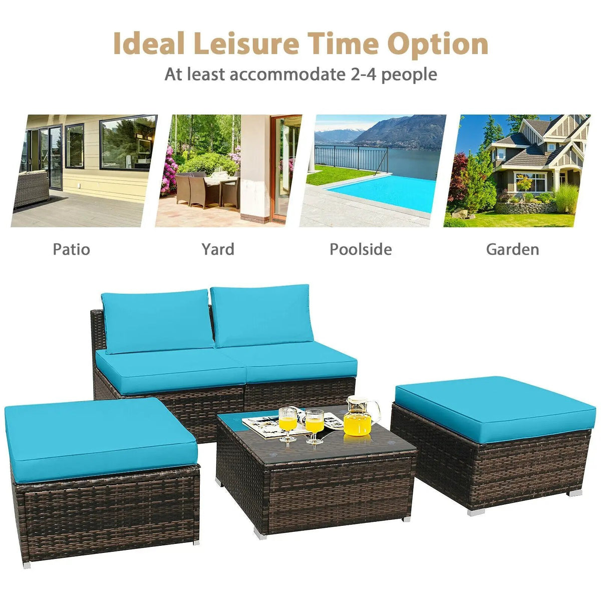 5 Pieces Patio Rattan Furniture Set with Cushioned Armless Sofa, photo 23 of 24