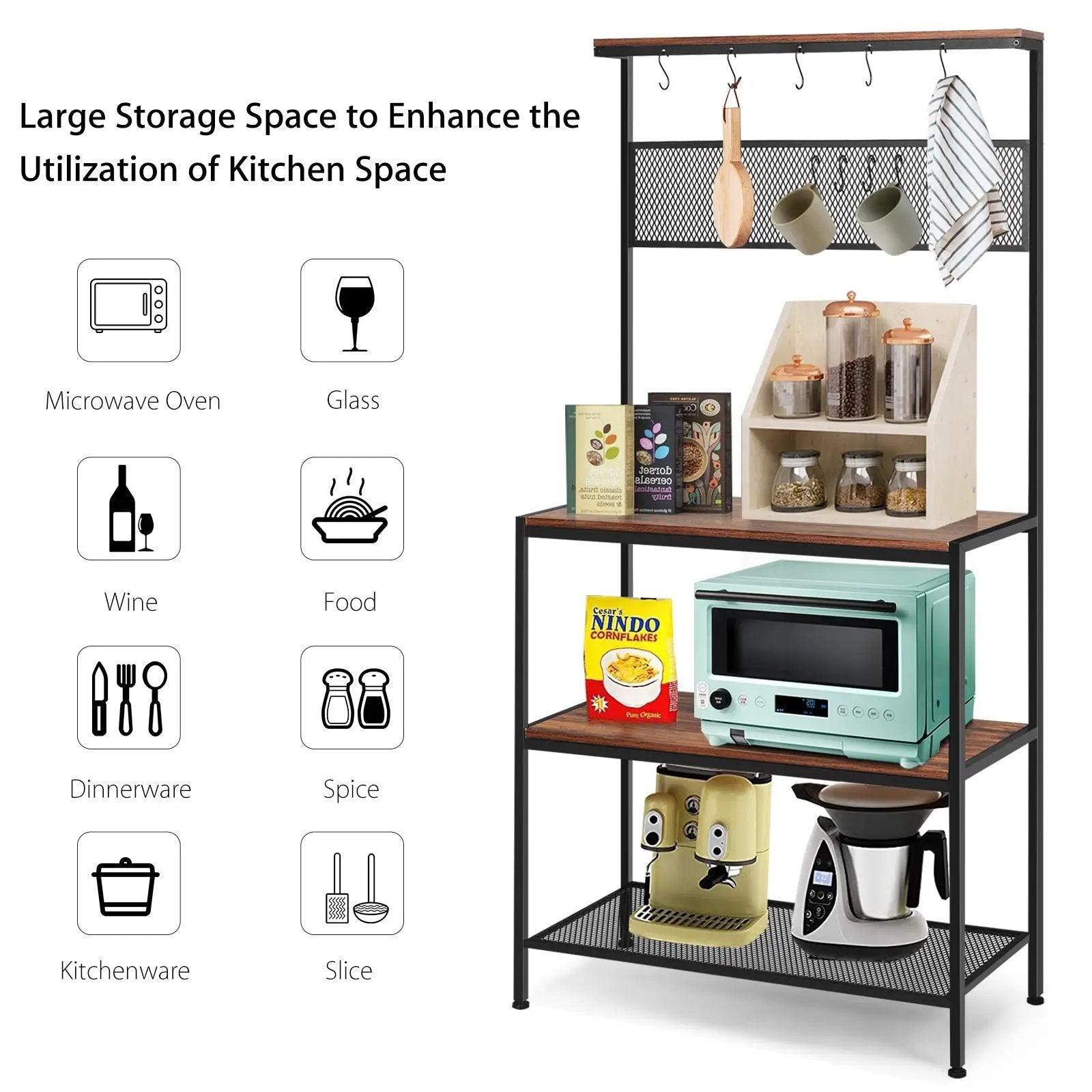 4-Tier Kitchen Rack Stand with Hooks and Mesh Panel by DirectDeals