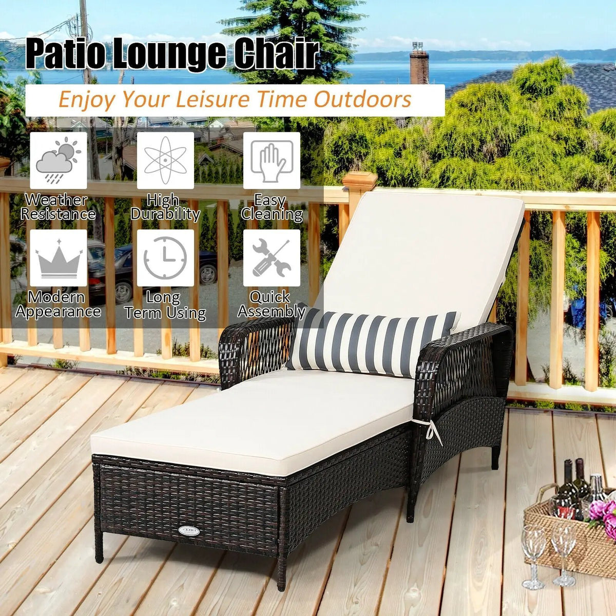 Outdoor Patio Wicker Chaise Lounge Chair with Adjustable Backrest and Pillow, photo 2 of 9