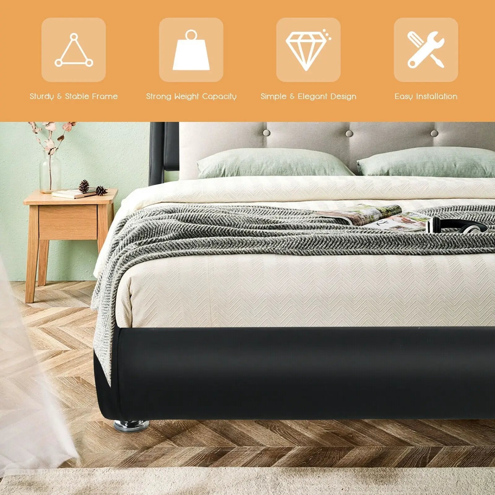 Full Size Faux Leather Upholstered Platform Bed Adjustable Headboard-Black by DirectDeals