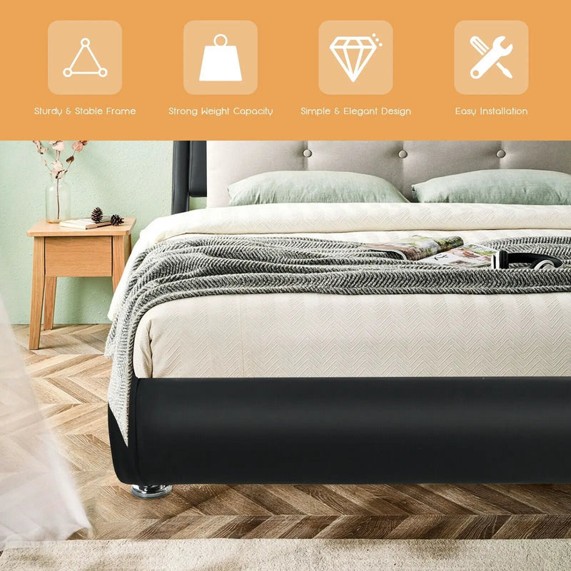 Full Size Faux Leather Upholstered Platform Bed Adjustable Headboard-Black by DirectDeals
